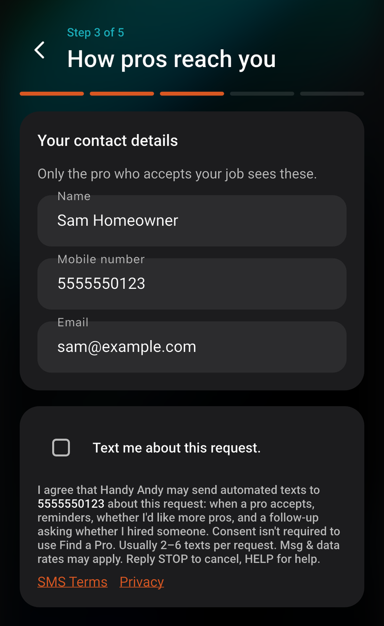 The "Text me about this request" checkbox on the Find a Pro contact step in the Handy Andy app (sample details shown).