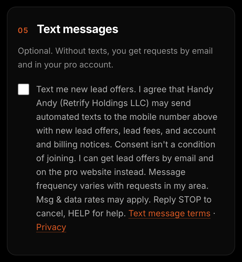 The "Text me new lead offers" checkbox in step 5 of the Handy Andy Pros application.